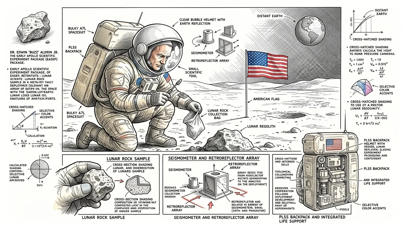 当奥尔德林踏上月球时,他将那里的景象描述为“壮丽的荒凉”。除了标志性的插旗仪式,宇航员们立即着手进行他们的科学任务。 当奥尔德林踏上月球时,他将那里的景象描述为“壮丽的荒凉”。除了标志性的插旗仪式,宇航员们立即着手进行他们的科学任务。