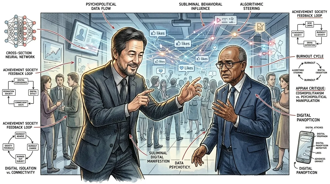 韩将他的批判扩展到“精神政治”，这是一种不通过强制，而是通过微妙地影响和控制心理来运作的权力形式。在大数据和数字平台的时代，我们看似自由的选择和表达…