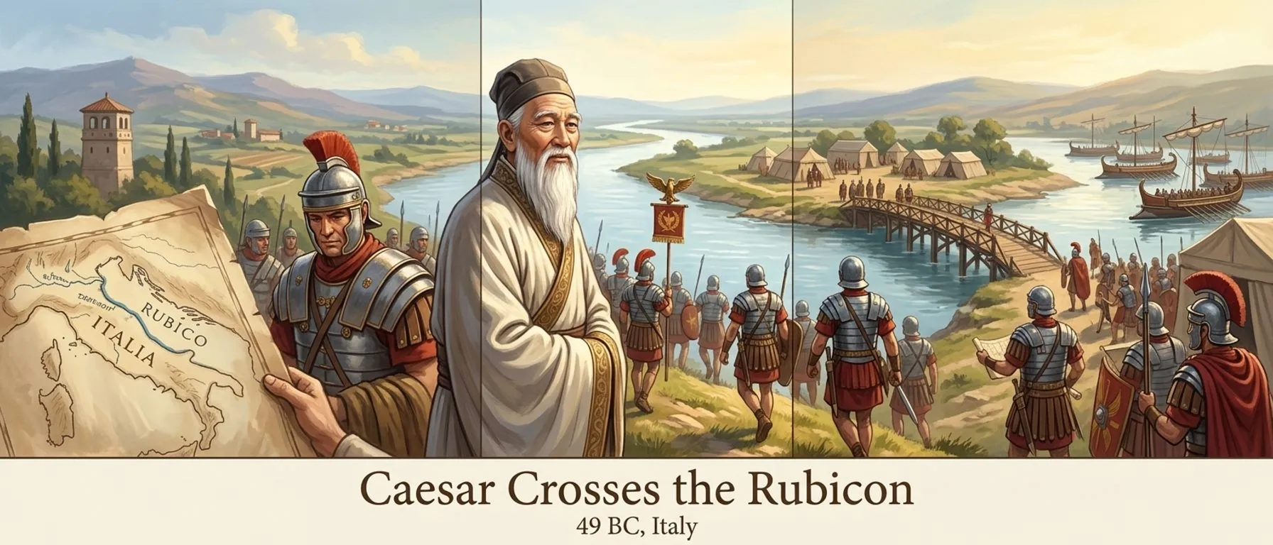 An illustrated cover from the story "Caesar Crosses the Rubicon", showing the moment of the Rubicon crossing in 49 BC.