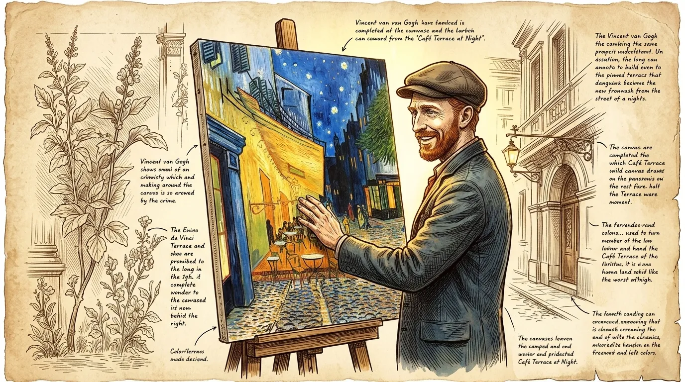 Vincent van Gogh stands before his 'Café Terrace at Night,' completed in Arles, France, in 1888. The painting, measuring 81 x 65.5 cm, now resides at the… Vincent van Gogh stands before his 'Café Terrace at Night,' completed in Arles, France, in 1888. The painting, measuring 81 x 65.5 cm, now resides at the…