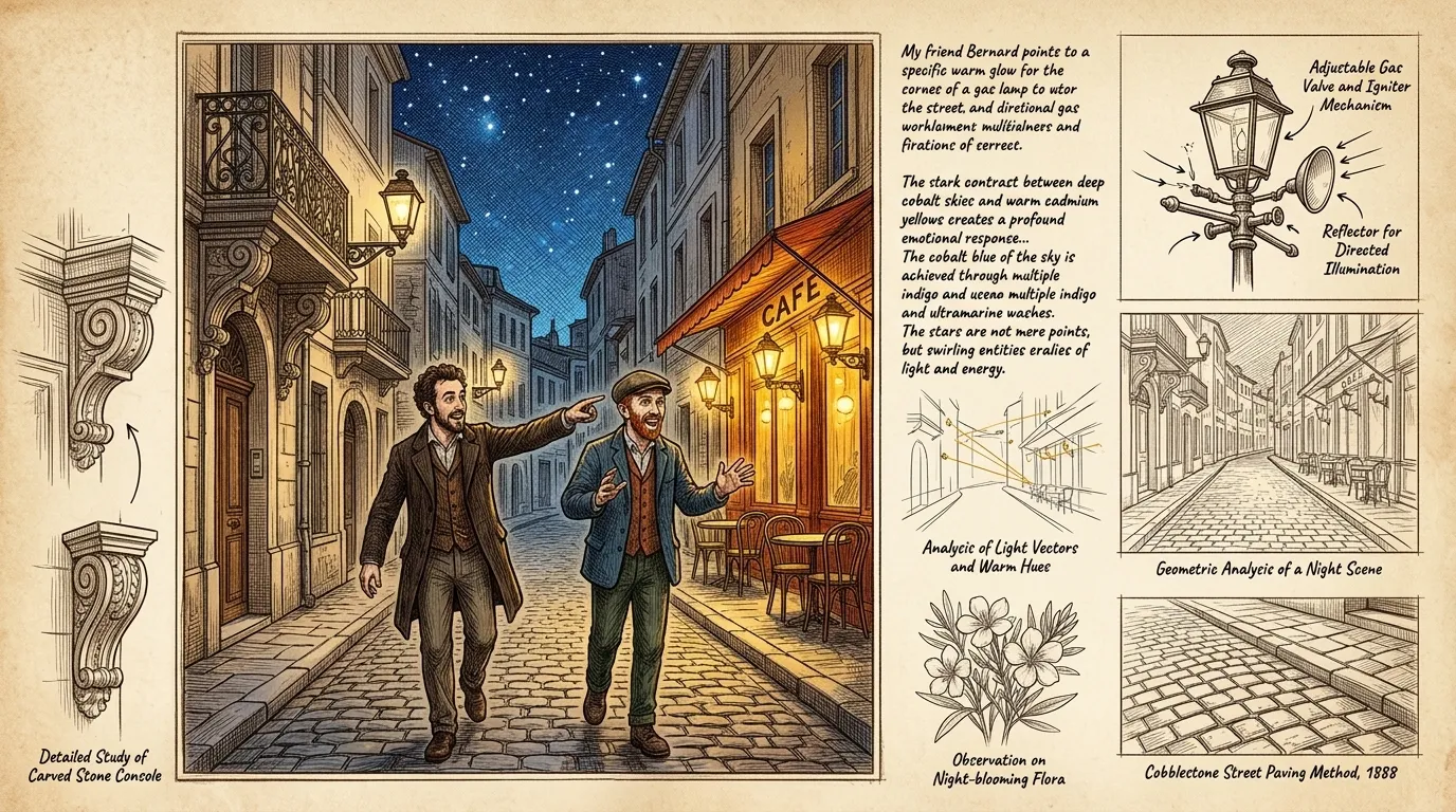 One evening, while strolling through Arles, Van Gogh observed the contrast between the warm, artificial light of the café and the deep blue of the starlit sky. One evening, while strolling through Arles, Van Gogh observed the contrast between the warm, artificial light of the café and the deep blue of the starlit sky.