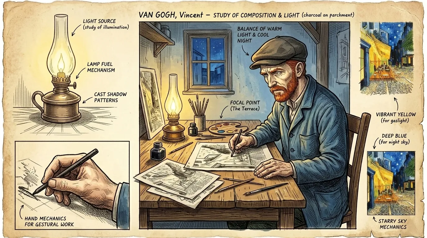 Back in his modest room, Van Gogh begins sketching the scene. He experiments with different compositions, trying to capture the essence of the vibrant light and… Back in his modest room, Van Gogh begins sketching the scene. He experiments with different compositions, trying to capture the essence of the vibrant light and…