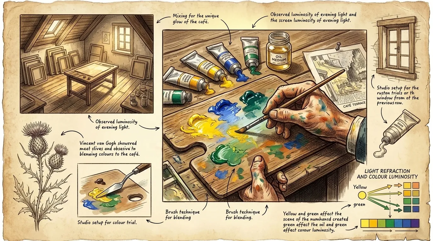Van Gogh carefully selects his palette, choosing vibrant yellows, blues, and greens to recreate the scene's luminous quality. Van Gogh carefully selects his palette, choosing vibrant yellows, blues, and greens to recreate the scene's luminous quality.