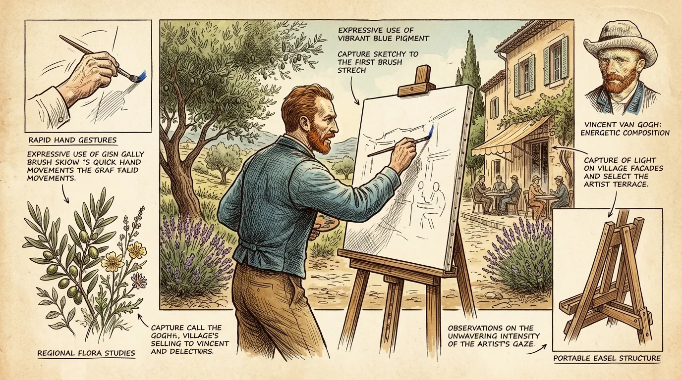 With his canvas prepared, Van Gogh applies the first brushstrokes. He works quickly and decisively, capturing the rough outlines of the buildings and the… With his canvas prepared, Van Gogh applies the first brushstrokes. He works quickly and decisively, capturing the rough outlines of the buildings and the…