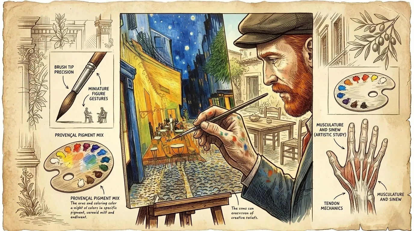 As Van Gogh continues to work, he adds finer details to the painting. He carefully renders the figures on the terrace, capturing their individual… As Van Gogh continues to work, he adds finer details to the painting. He carefully renders the figures on the terrace, capturing their individual…