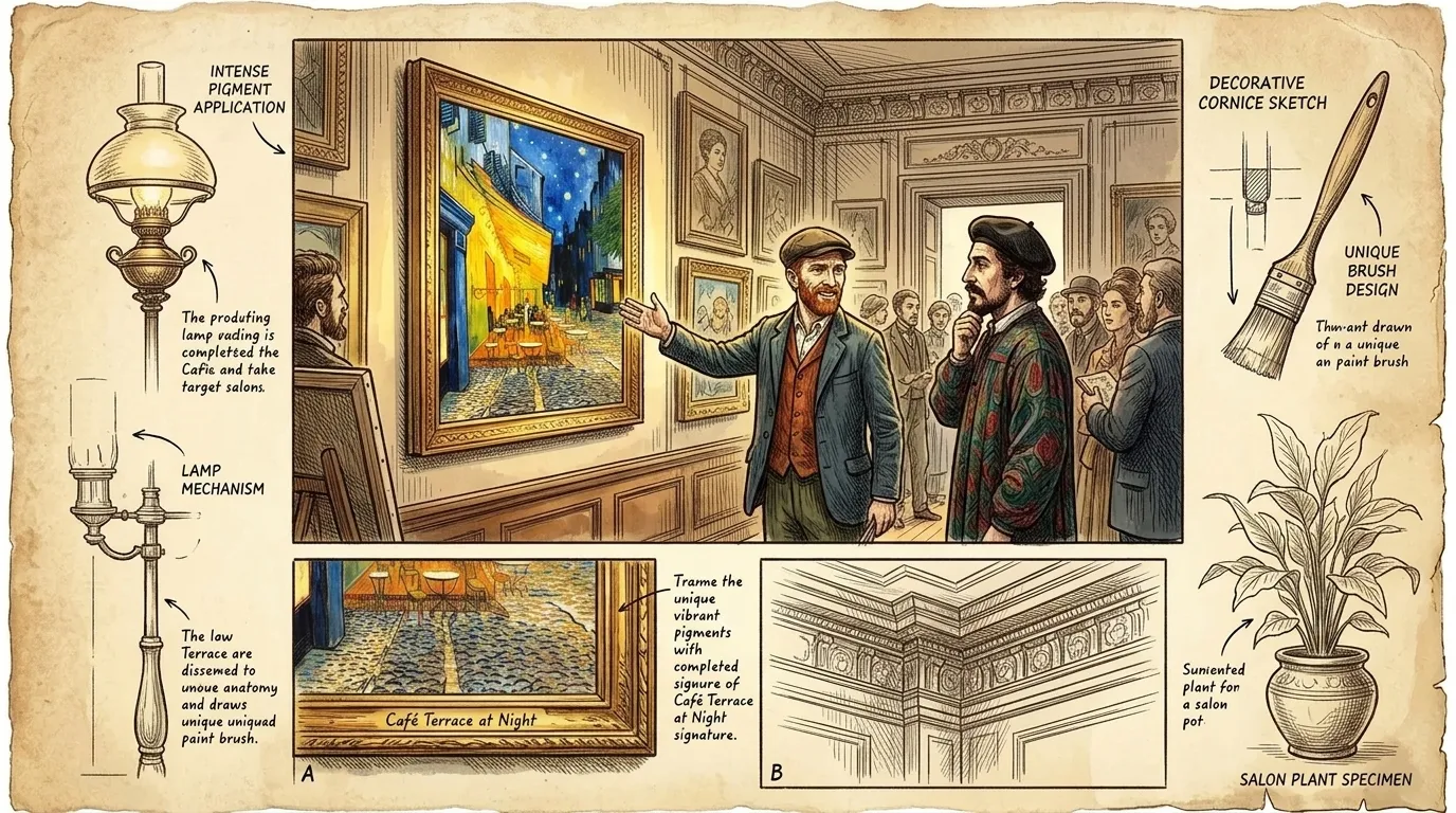 Van Gogh, now living in Arles, sees his 'Café Terrace at Night' displayed for the first time, bathing the streets in new light. Van Gogh, now living in Arles, sees his 'Café Terrace at Night' displayed for the first time, bathing the streets in new light.
