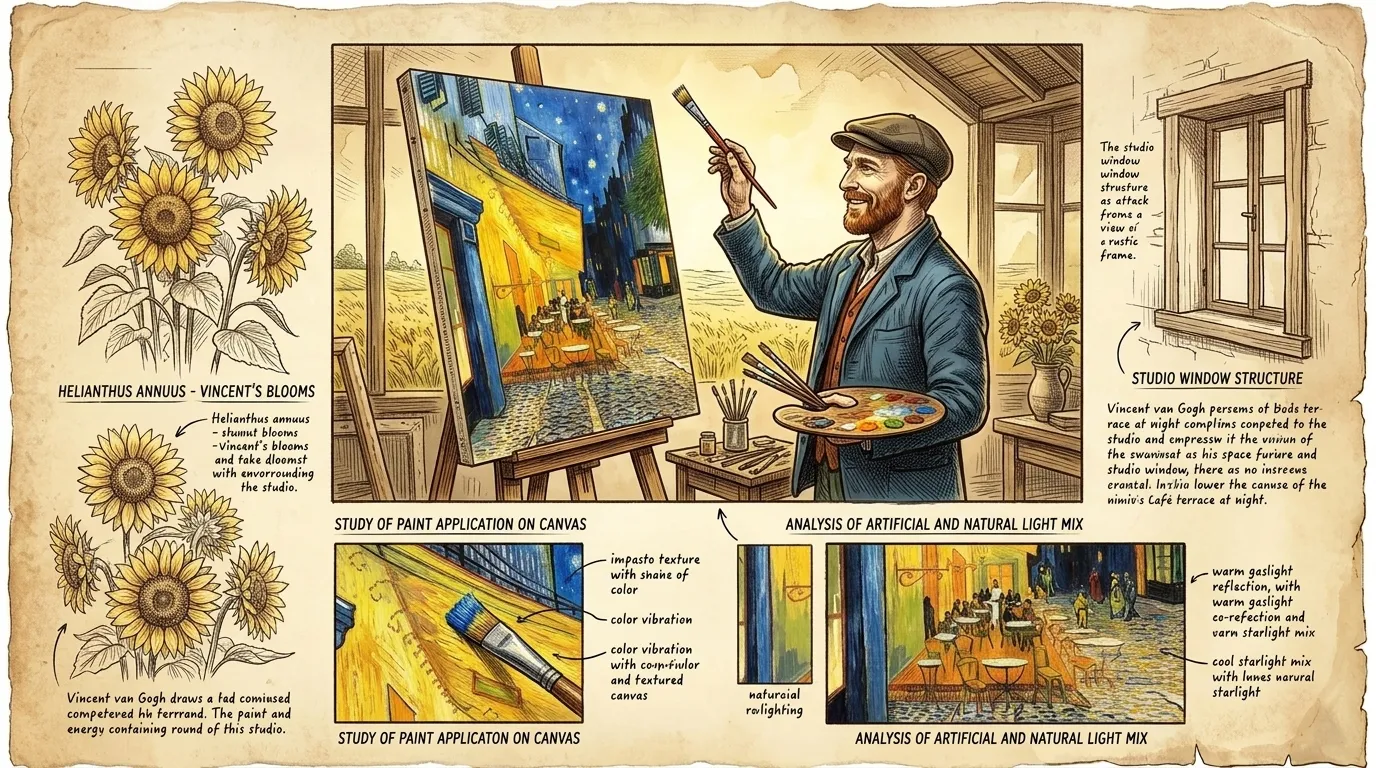With a final flourish, Van Gogh puts down his brush. 'Café Terrace at Night' is complete, a testament to his vision and his skill. With a final flourish, Van Gogh puts down his brush. 'Café Terrace at Night' is complete, a testament to his vision and his skill.