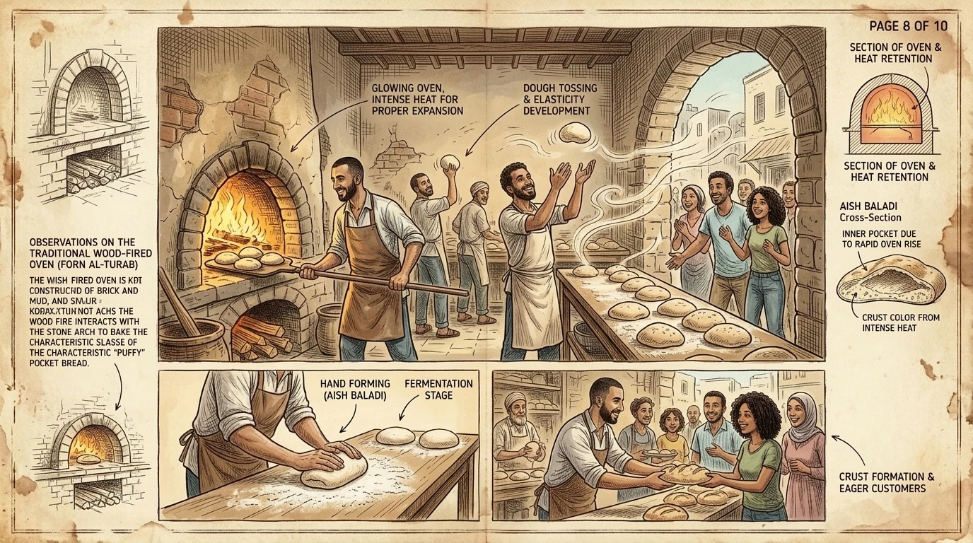 In einer traditionellen Bäckerei bereiten Bäcker frisches Aish Baladi zu, das Grundnahrungsmittel Ägyptens. Sie werfen Teig und laden ihn in einen Holzofen. In einer traditionellen Bäckerei bereiten Bäcker frisches Aish Baladi zu, das Grundnahrungsmittel Ägyptens. Sie werfen Teig und laden ihn in einen Holzofen.