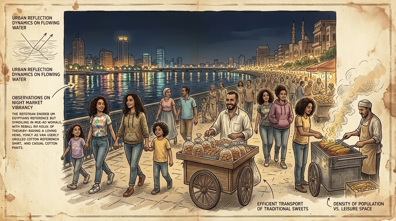 Kairos Corniche erwacht nachts zum Leben, wenn Familien am Nil entlang spazieren und die kühle Abendluft genießen. Die Lichter der Stadt spiegeln sich auf dem… Kairos Corniche erwacht nachts zum Leben, wenn Familien am Nil entlang spazieren und die kühle Abendluft genießen. Die Lichter der Stadt spiegeln sich auf dem…
