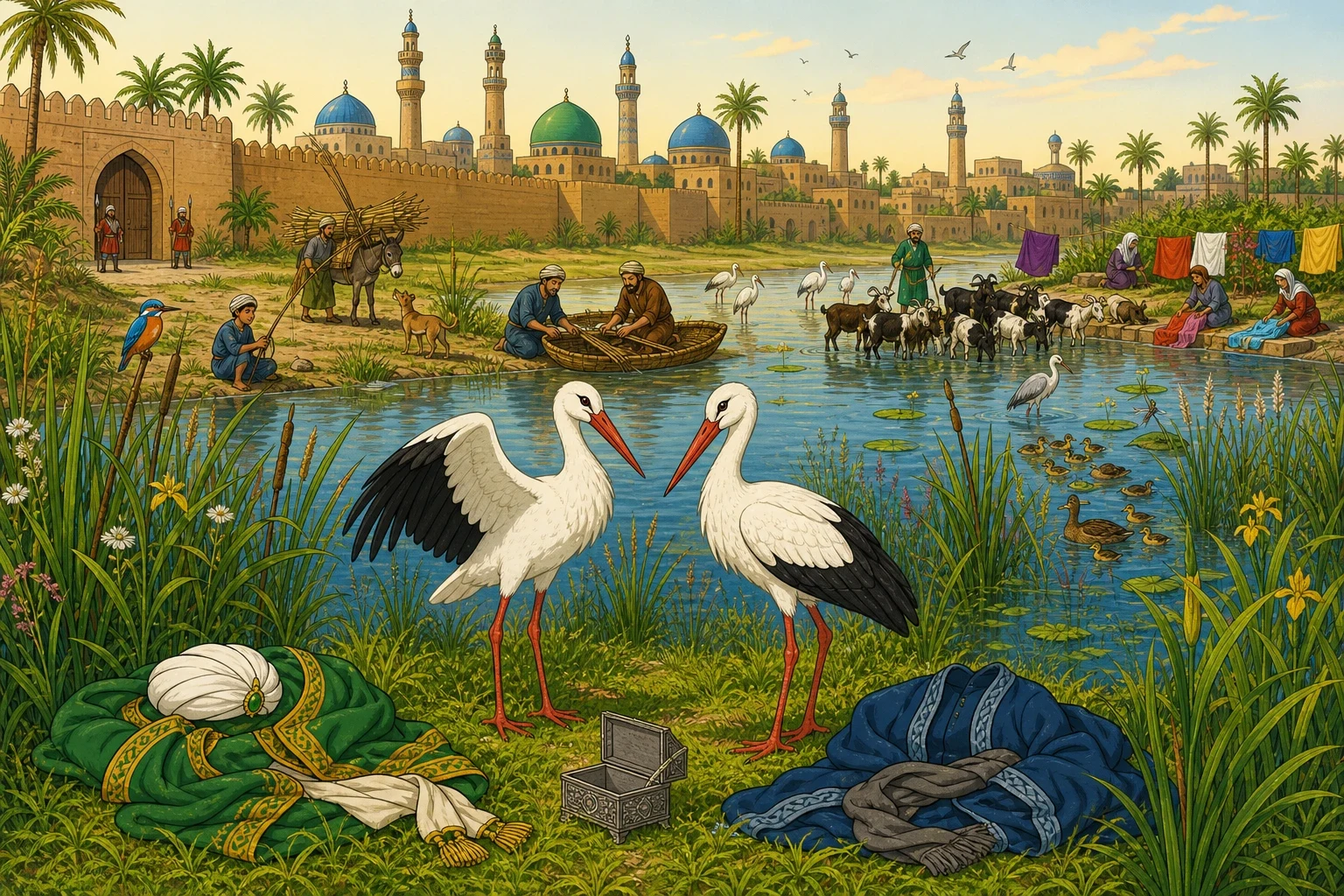 Next morning they walked out past the city walls, to the pond where the storks come. There were washerwomen beating cloth at the far end, and a herd of goats…