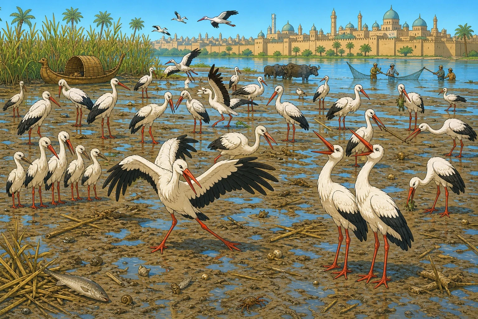 Now they could understand what birds say, which is mostly complaining about the weather. They followed the flock to the mudflats, where the young storks were…