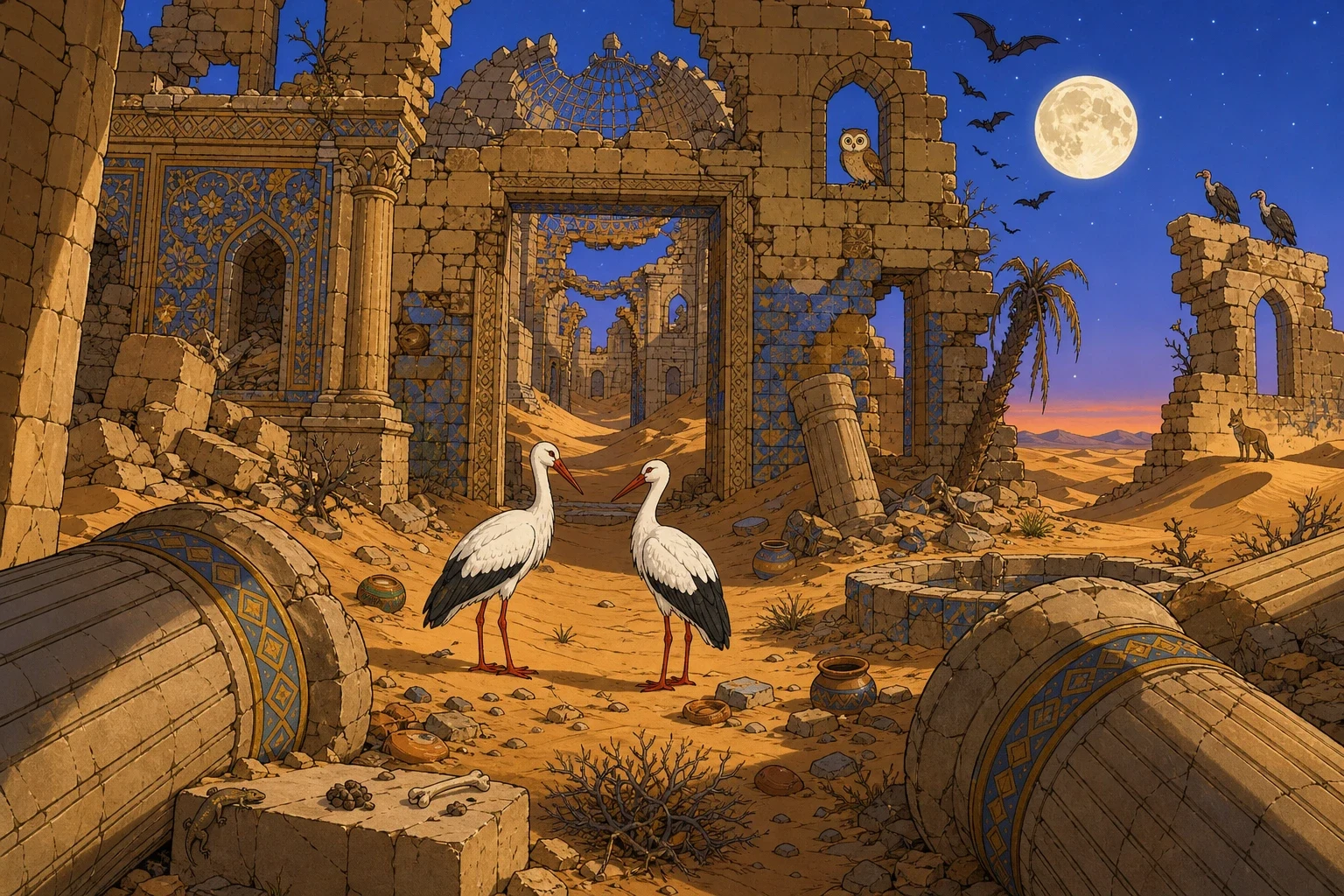 They lived badly for some weeks. Storks eat frogs, and neither of them ever got used to it. One evening they came down on a ruined palace in the desert — broken…