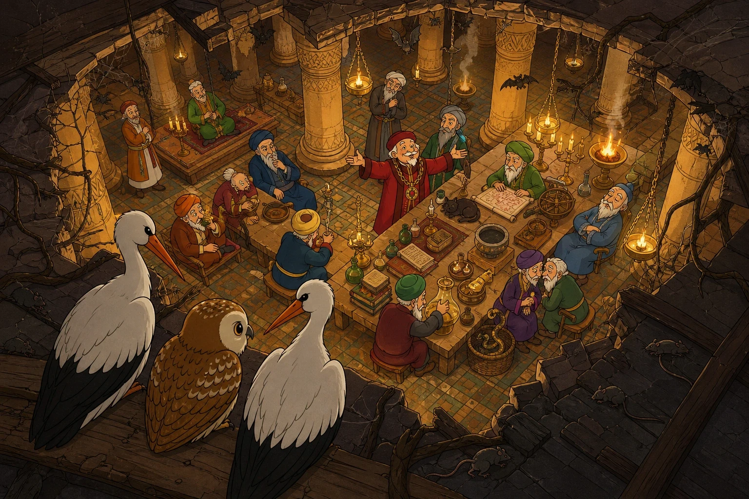 The owl knew something else. Once a month, the sorcerers of the whole country met in the hall underneath the ruin, and bragged to each other about what they had…