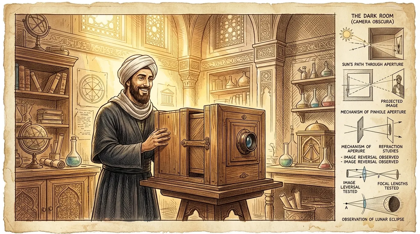 Ibn al-Haytham, the towering intellect of 11th-century Cairo, stands before his groundbreaking invention: the camera obscura.