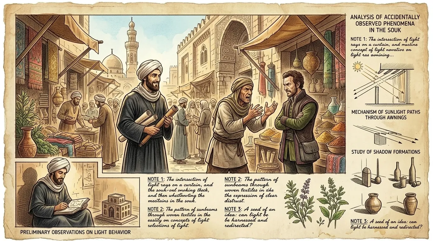 In the bustling marketplace, Ibn al-Haytham overhears a merchant struggling to explain the properties of light to a skeptical customer.