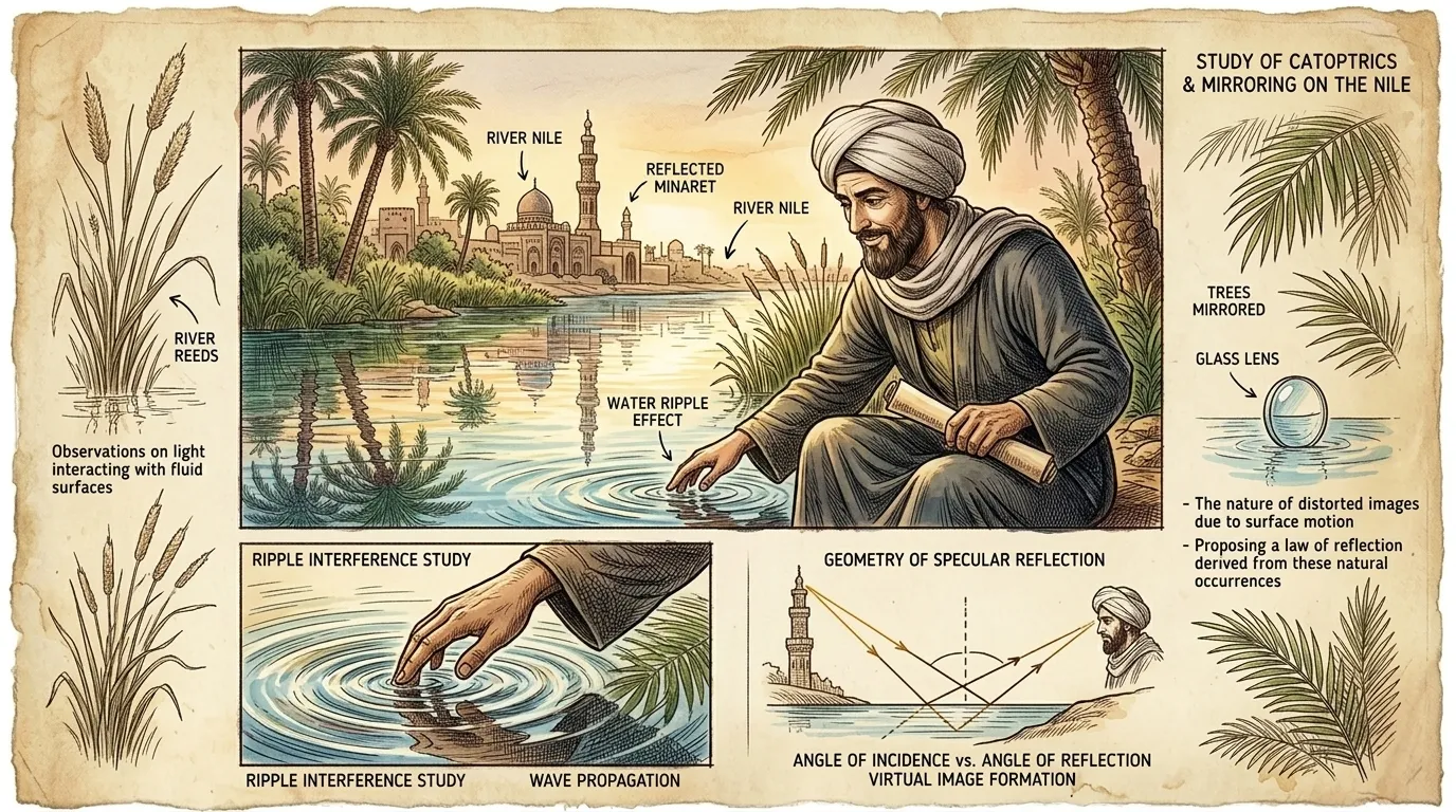 Sitting by the tranquil Nile River, Ibn al-Haytham observes the reflections of the surrounding trees and buildings shimmering on the water's surface.