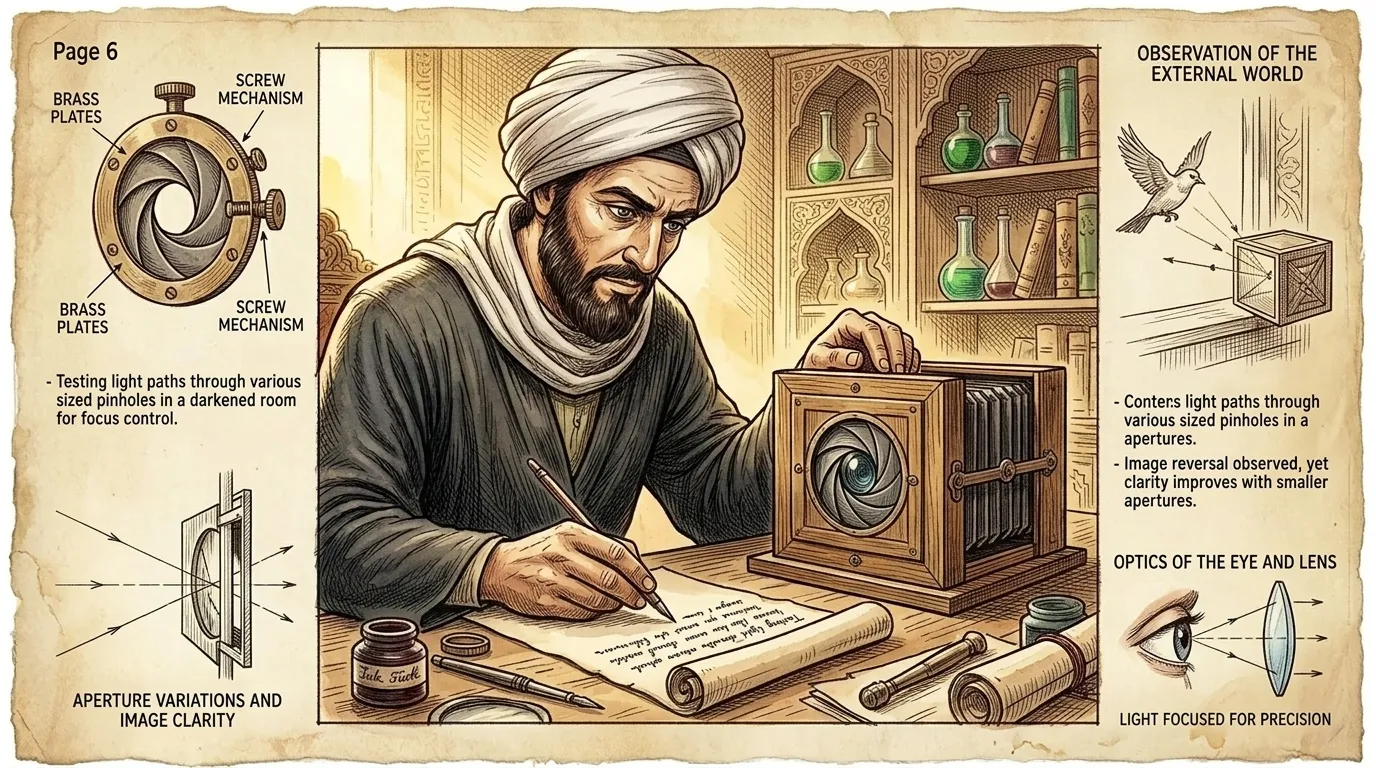 Driven by his discovery, Ibn al-Haytham begins constructing a portable version of the cave: a box with a small hole. He experiments with different sizes and…