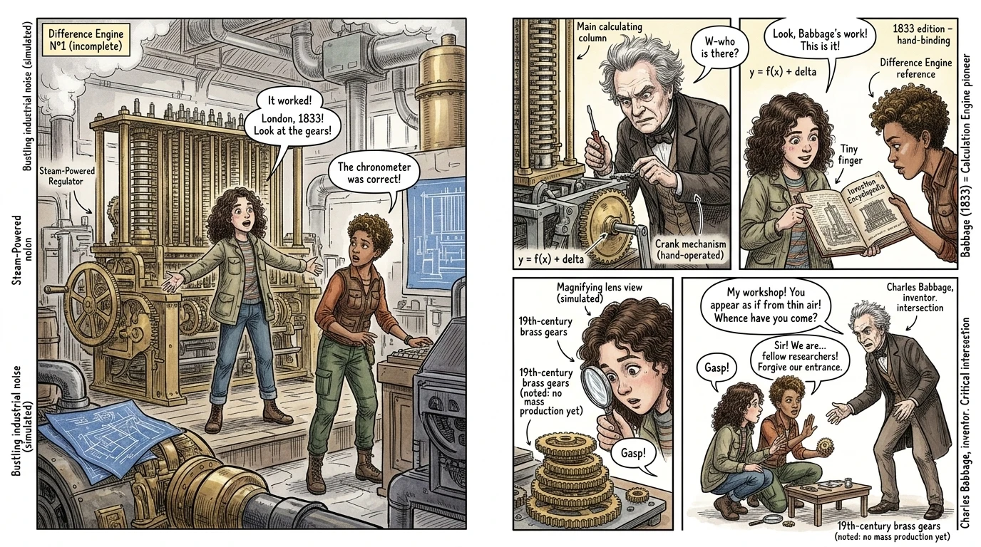 卡雅倒吸一口凉气，世界天旋地转，随后凝固成一个堆满了齿轮、小齿轮和奇怪装置的杂乱工作室。一个头发灰白、狂野的高个子男人正弓着身子，伏在一台巨大的黄铜…