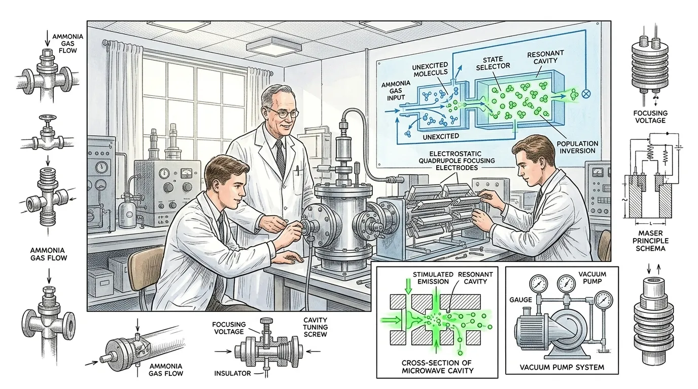汤斯和他的学生赫伯特·蔡格以及詹姆斯·戈登立刻投入工作。他们设计的装置被命名为“脉泽”(Maser,即“微波受激辐射放大”),其构思巧妙。 汤斯和他的学生赫伯特·蔡格以及詹姆斯·戈登立刻投入工作。他们设计的装置被命名为“脉泽”(Maser,即“微波受激辐射放大”),其构思巧妙。