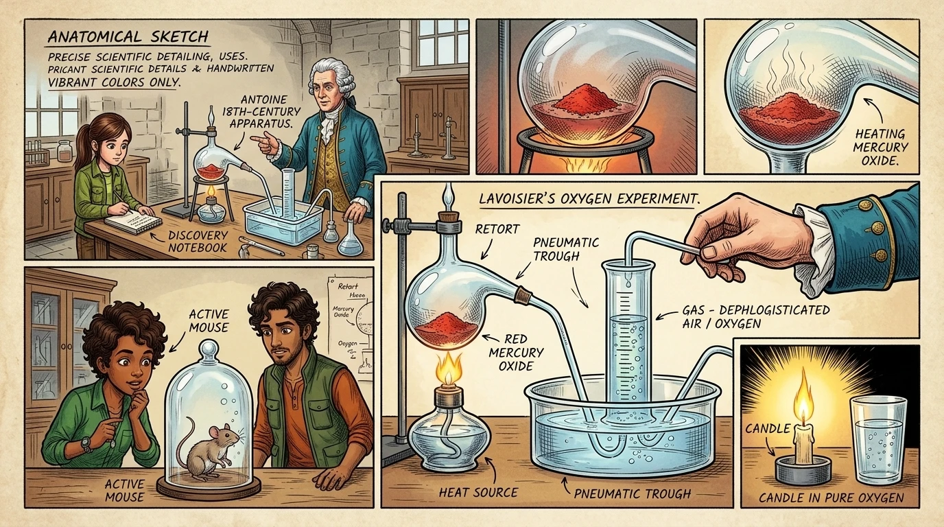Lavoisier proved this by carefully heating mercury oxide, a red powder, in a sealed container. It transformed, releasing a gas that he collected and measured… Lavoisier proved this by carefully heating mercury oxide, a red powder, in a sealed container. It transformed, releasing a gas that he collected and measured…