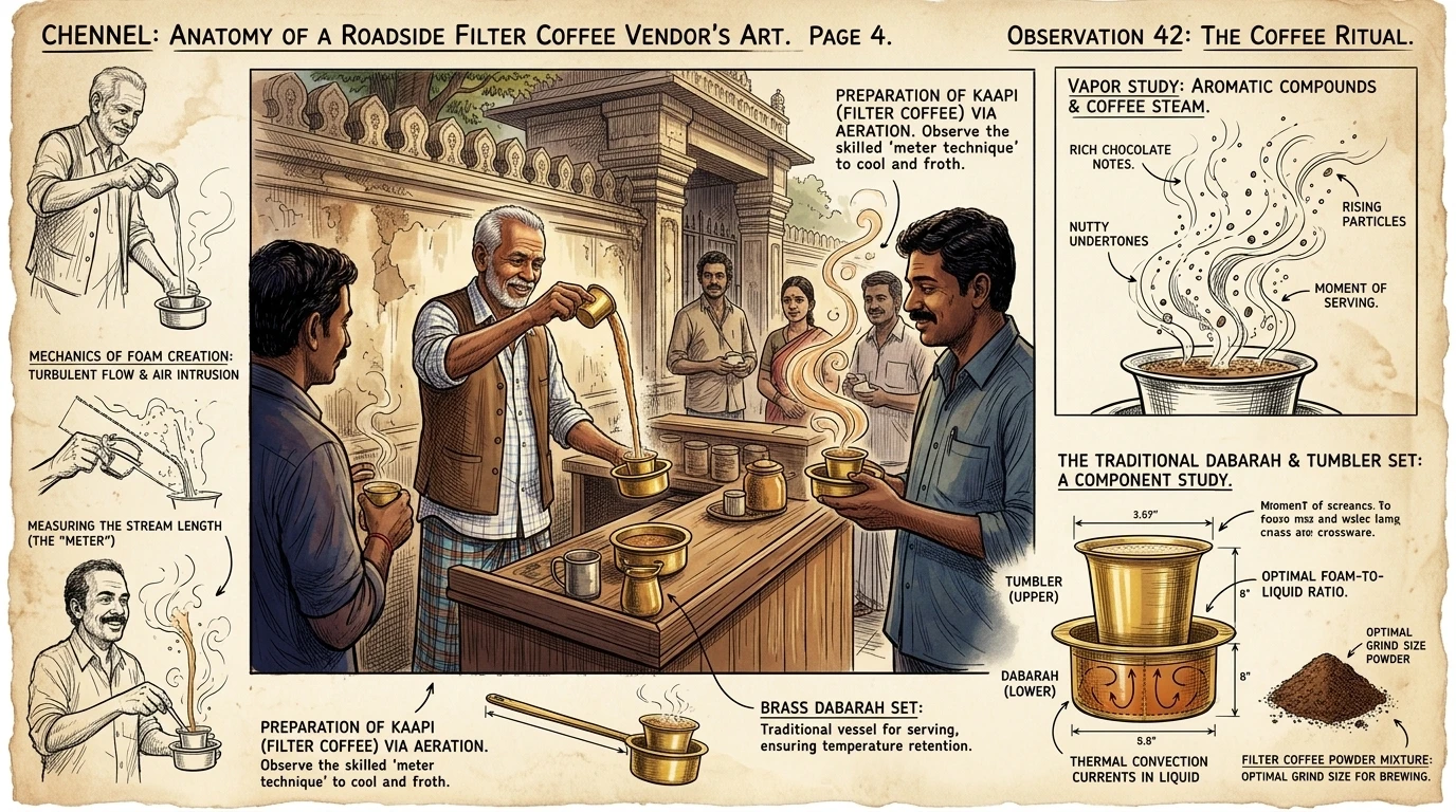 滤泡咖啡,或称“kaapi”,的香气弥漫在钦奈的街头,吸引人们驻足小憩,闲聊片刻。这种浓郁的奶咖盛在传统的“dabarah”杯碟中,是当地人每日的仪… 滤泡咖啡,或称“kaapi”,的香气弥漫在钦奈的街头,吸引人们驻足小憩,闲聊片刻。这种浓郁的奶咖盛在传统的“dabarah”杯碟中,是当地人每日的仪…