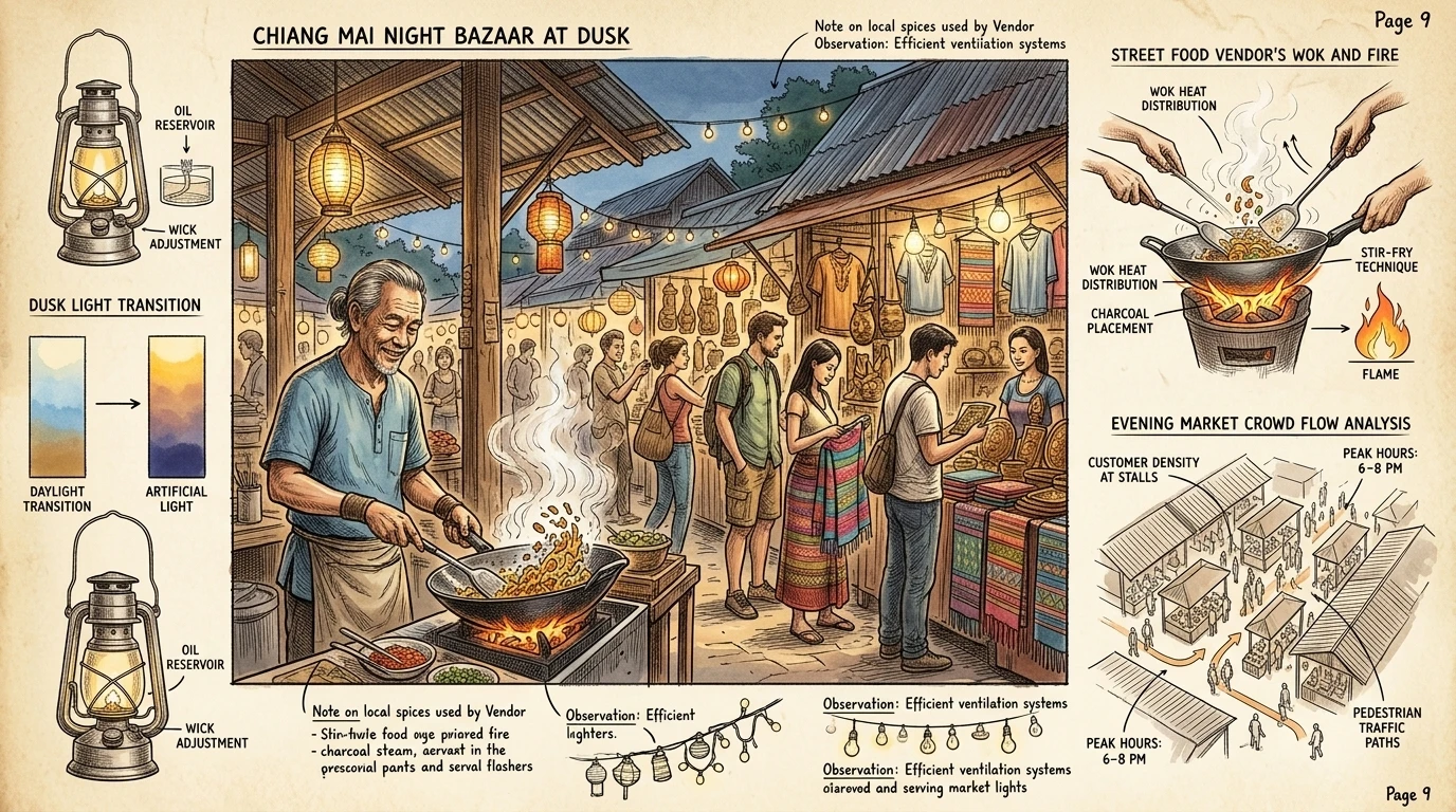 随着太阳西下,清迈夜市便生机勃勃地热闹起来,各种摊位琳琅满目,出售手工艺品、服装和纪念品。街头小吃摊提供美味佳肴,空气中弥漫着现场音乐。 随着太阳西下,清迈夜市便生机勃勃地热闹起来,各种摊位琳琅满目,出售手工艺品、服装和纪念品。街头小吃摊提供美味佳肴,空气中弥漫着现场音乐。