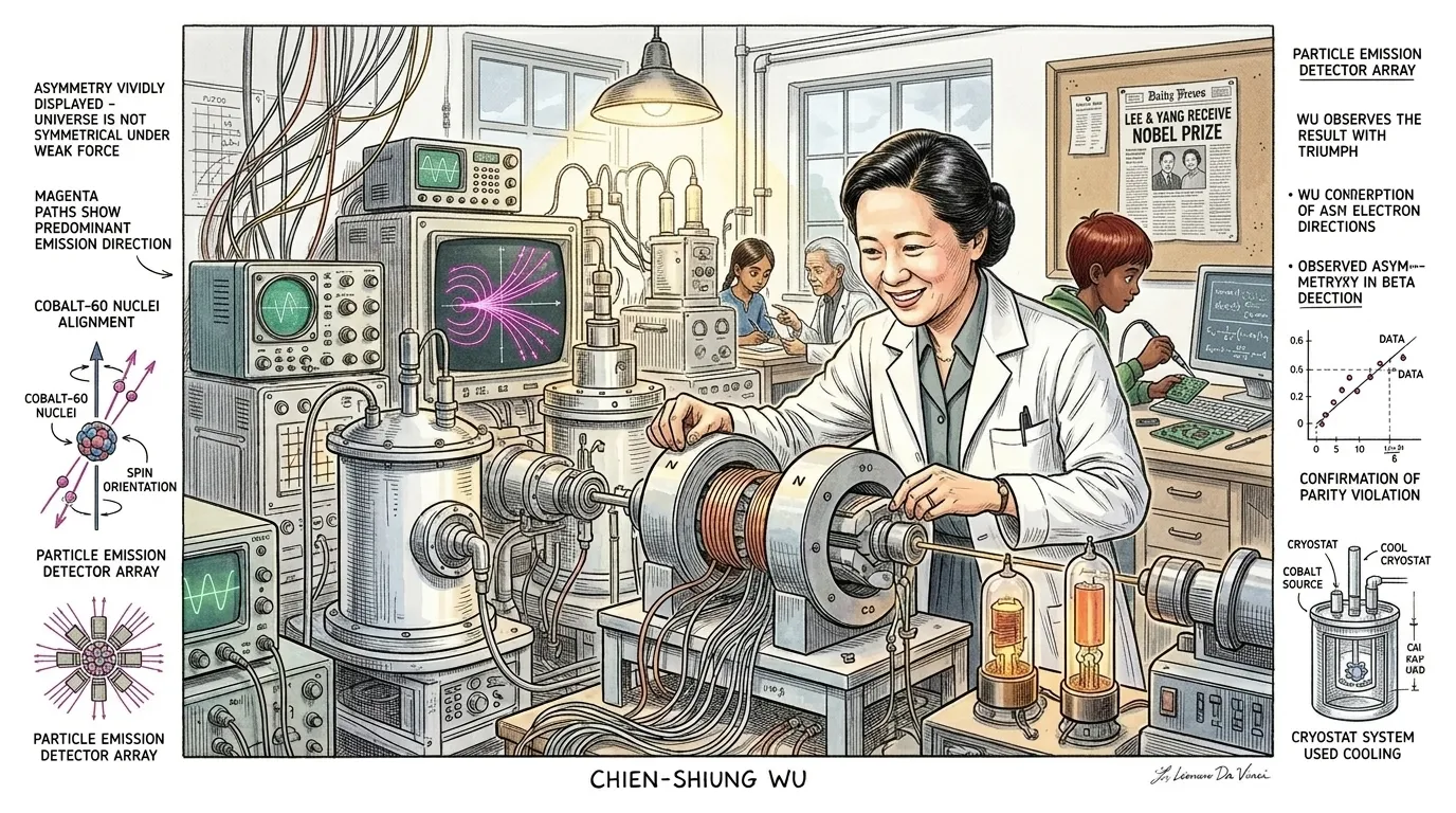 结果令人震惊。朝一个方向发射的电子比朝另一个方向发射的更多,这明显违反了宇称。宇宙,至少在弱相互作用方面,并不是对称的! 结果令人震惊。朝一个方向发射的电子比朝另一个方向发射的更多,这明显违反了宇称。宇宙,至少在弱相互作用方面,并不是对称的!