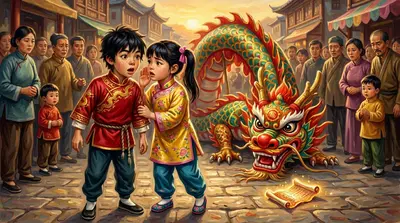 当他们到达城镇广场时，鼓声开始响起，有节奏的脉动震动着地面。人群散开，一条由丝绸和竹子制成的巨龙蜿蜒进入开阔地带。