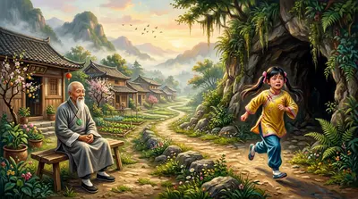 泪水顺着梅的脸颊流下，她冲出山洞。她知道自己无法独自面对影族。她想起老妇人的话，跑向村长的家，那是一个充满平静与智慧的地方。“李村长，求求您！