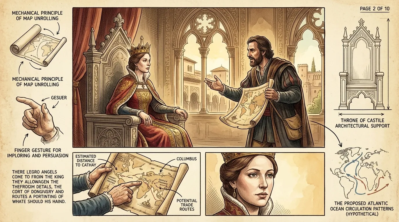 在卡斯蒂利亚的伊莎贝拉一世的宫廷里,哥伦布提出了他雄心勃勃的计划。“陛下,”哥伦布恳求道,“请允许我寻找一条通往印度群岛的西方航线,我将带回财富并传… 在卡斯蒂利亚的伊莎贝拉一世的宫廷里,哥伦布提出了他雄心勃勃的计划。“陛下,”哥伦布恳求道,“请允许我寻找一条通往印度群岛的西方航线,我将带回财富并传…