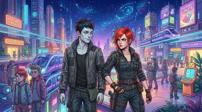 Rina, a skilled data runner, bumped into Kai, her eyes narrowed with suspicion. "Watch it, ghost," she hissed, her voice raspy. Rina, a skilled data runner, bumped into Kai, her eyes narrowed with suspicion. "Watch it, ghost," she hissed, her voice raspy.
