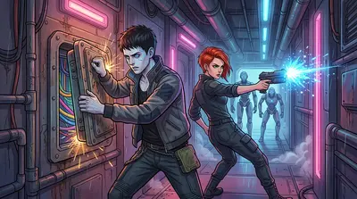 "They're relentless!" Rina shouted, firing a pulse pistol. "We need to lose them!" Kai spotted a maintenance hatch. "In here! "They're relentless!" Rina shouted, firing a pulse pistol. "We need to lose them!" Kai spotted a maintenance hatch. "In here!