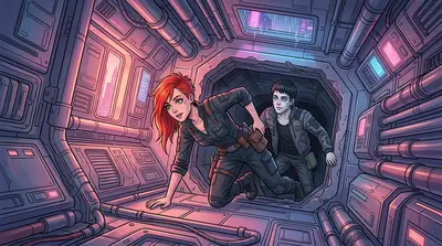 A panel slid open nearby. "Another tunnel!" Rina exclaimed, hope flickering in her eyes. They crawled into the cramped space, the darkness swallowing them… A panel slid open nearby. "Another tunnel!" Rina exclaimed, hope flickering in her eyes. They crawled into the cramped space, the darkness swallowing them…