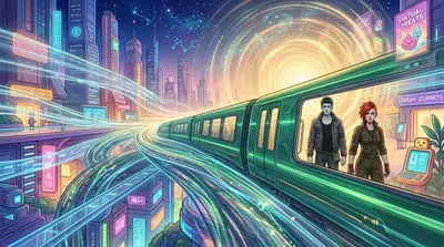 The train sped through the Dream Rail, faster and faster, blurring the lines between reality and illusion. The Chrome District was behind them. The train sped through the Dream Rail, faster and faster, blurring the lines between reality and illusion. The Chrome District was behind them.