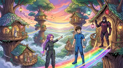 Una sinfonia di colori dipingeva il cielo sopra il villaggio delle case sull'albero. Ponti arcobaleno si inarcavano tra alberi colossali, case annidate tra i…