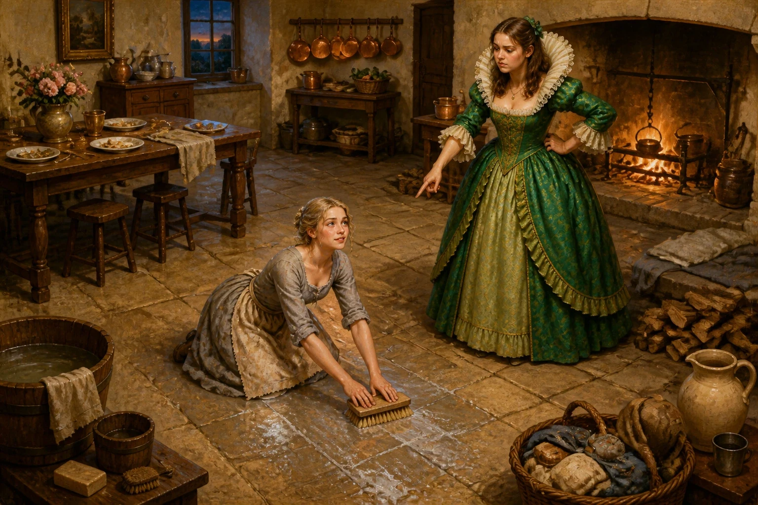 Inside, the great kitchen hearth was Cinderella's whole world. From before dawn she lit the fire, carried the ashes, scrubbed the stone floor, washed the plates…