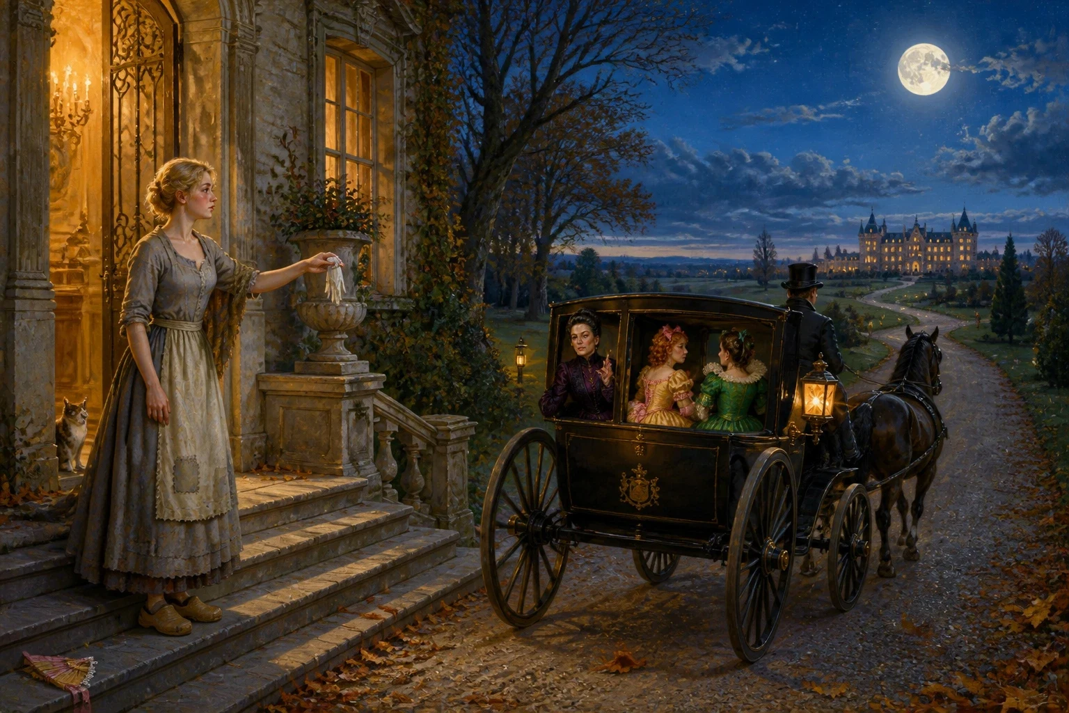 The evening of the ball arrived. In the front hall the stepsisters turned this way and that in their heavy gowns, powdered and perfumed and pleased with…