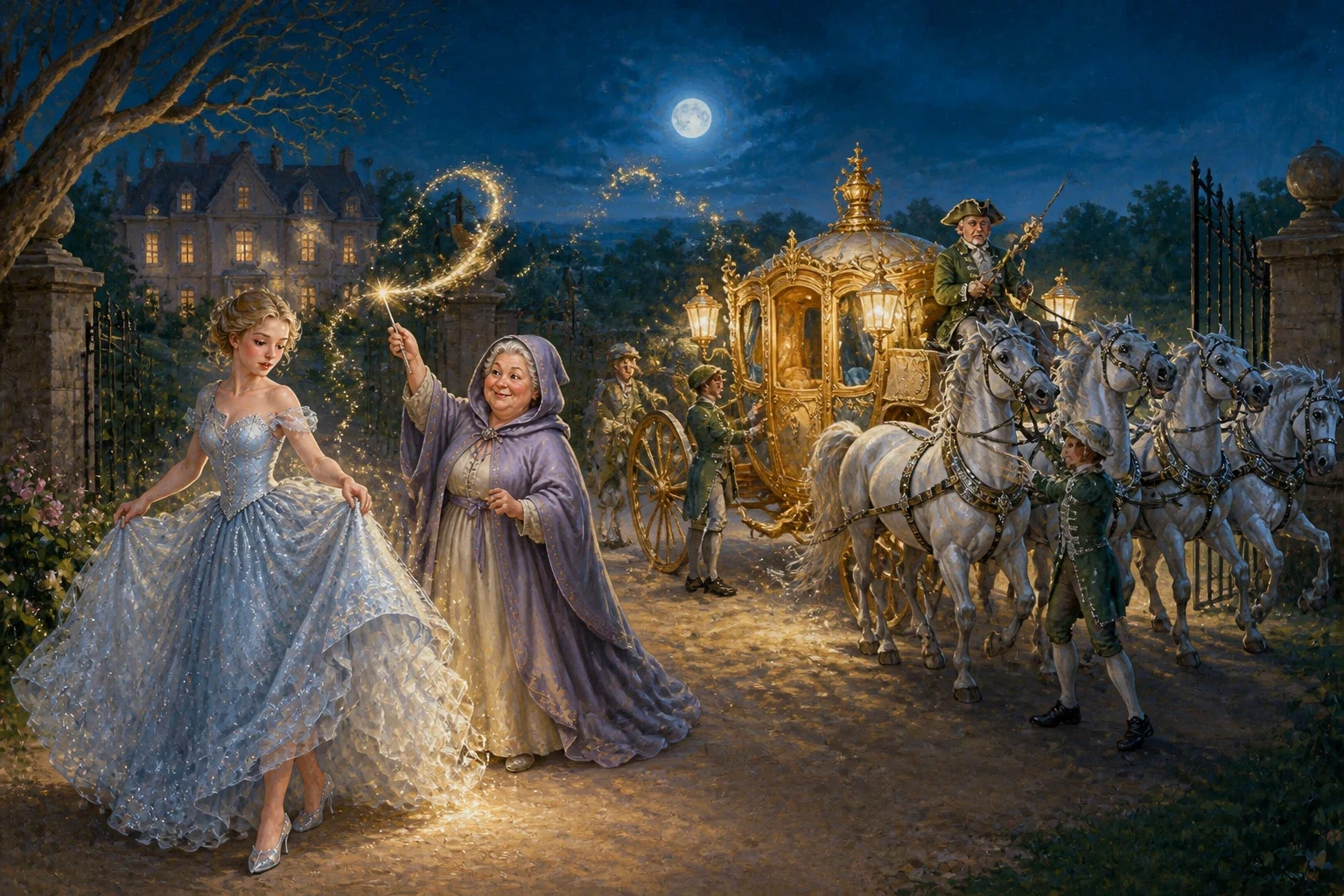 The fairy godmother touched the great pumpkin with her wand, and in a swirl of golden sparks it swelled and gilded and rounded into a splendid golden coach.