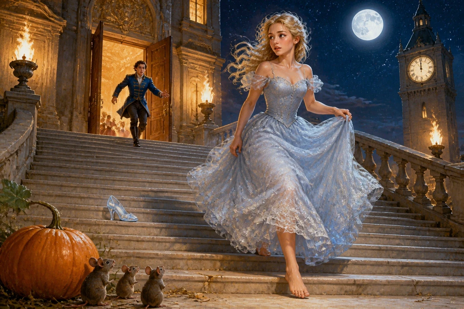 She was so happy that she almost forgot — and then, high in the palace tower, the great clock began to strike twelve. At the very first stroke Cinderella…