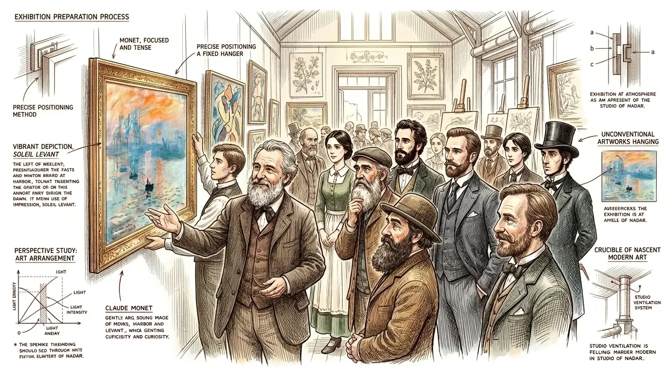 随着一八七四年四月纳达尔工作室独立画展的临近，艺术家们的集体紧张情绪也日益高涨。莫奈的《印象，日出》被小心翼翼地打开包装并摆放到位。
