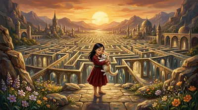 “我们做到了，皮拉谟斯，”阿米娜紧紧抱住她的小猫说。她知道迷宫会永远在那里，充满无限的可能性。但现在，她也明白真正的美丽源于内心。