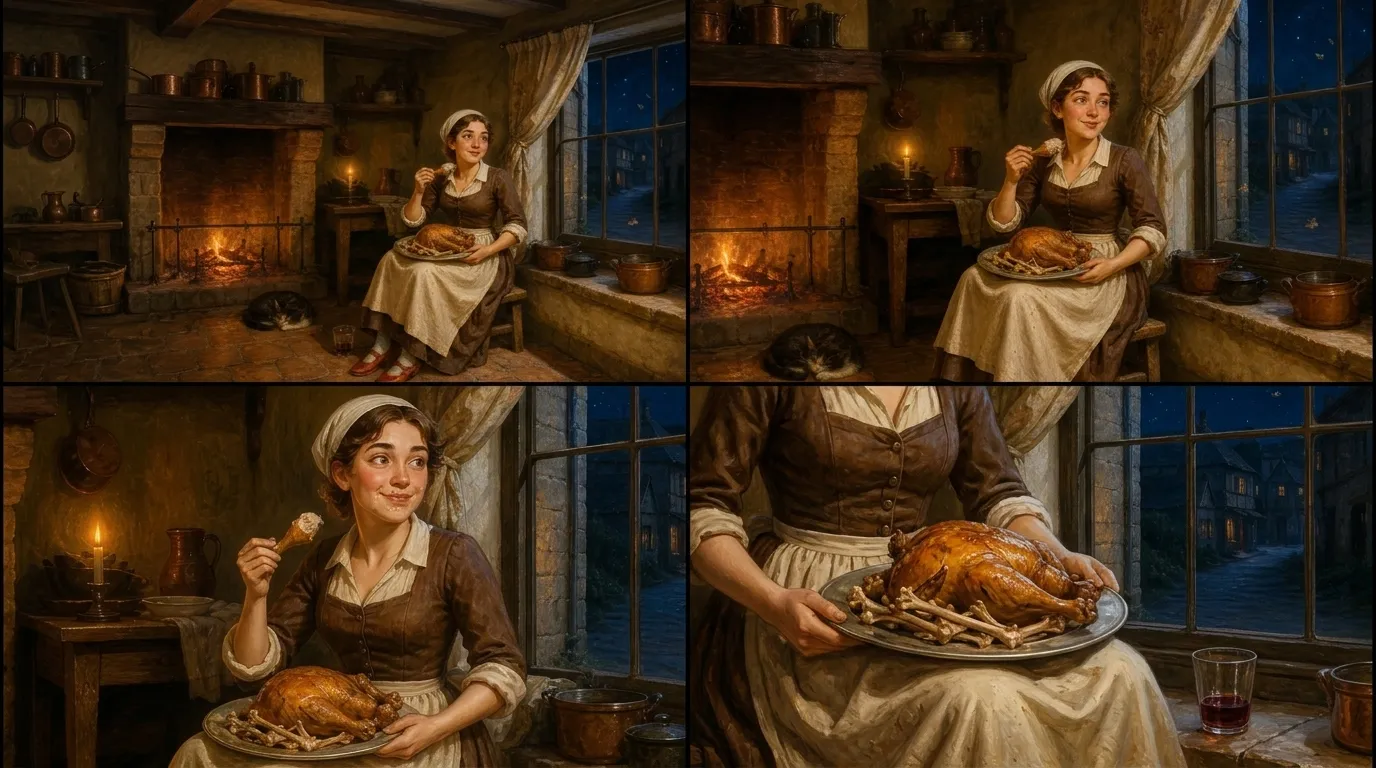 Wiping her hands, Gretel went to the little kitchen window and pressed her face close to the glass, looking out into the dark lane for any sign of her master or… Wiping her hands, Gretel went to the little kitchen window and pressed her face close to the glass, looking out into the dark lane for any sign of her master or…