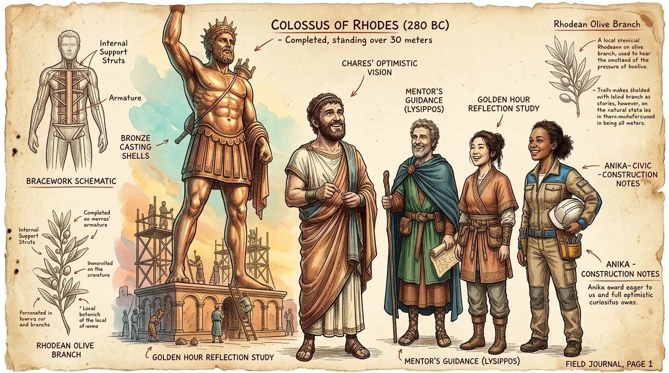 Chares of Lindos, the master sculptor, stood before his creation. The Colossus of Rhodes, a towering bronze statue of the sun god Helios, shimmered in the… Chares of Lindos, the master sculptor, stood before his creation. The Colossus of Rhodes, a towering bronze statue of the sun god Helios, shimmered in the…