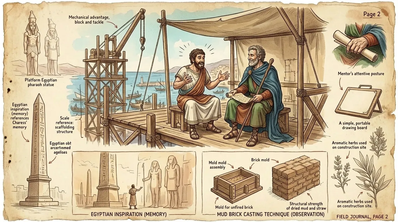 Years before the Colossus, a young Chares sailed to Egypt. There, he beheld the colossal statues of pharaohs, their scale inspiring awe. Years before the Colossus, a young Chares sailed to Egypt. There, he beheld the colossal statues of pharaohs, their scale inspiring awe.