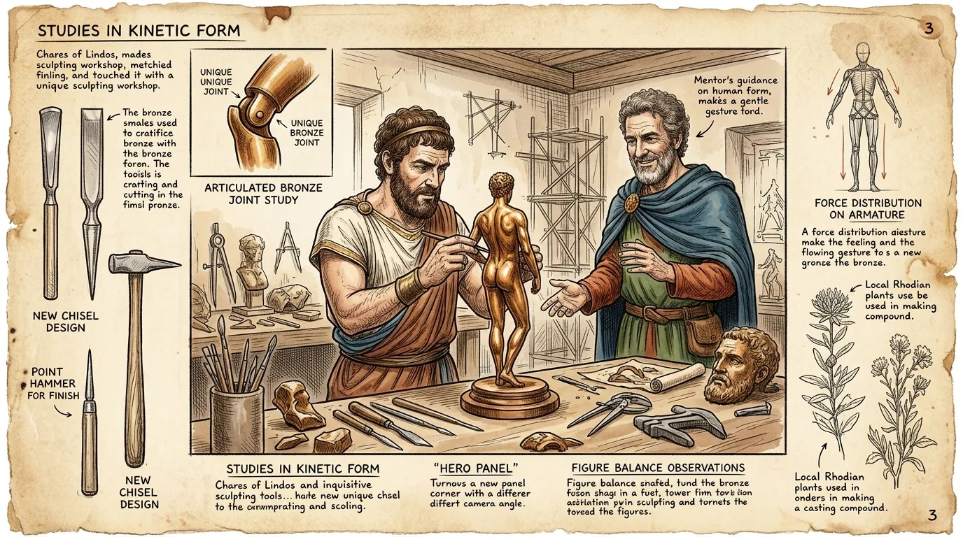 Back in Rhodes, Chares learned the art of bronze casting from Lysippos, mastering techniques passed down through generations. Back in Rhodes, Chares learned the art of bronze casting from Lysippos, mastering techniques passed down through generations.