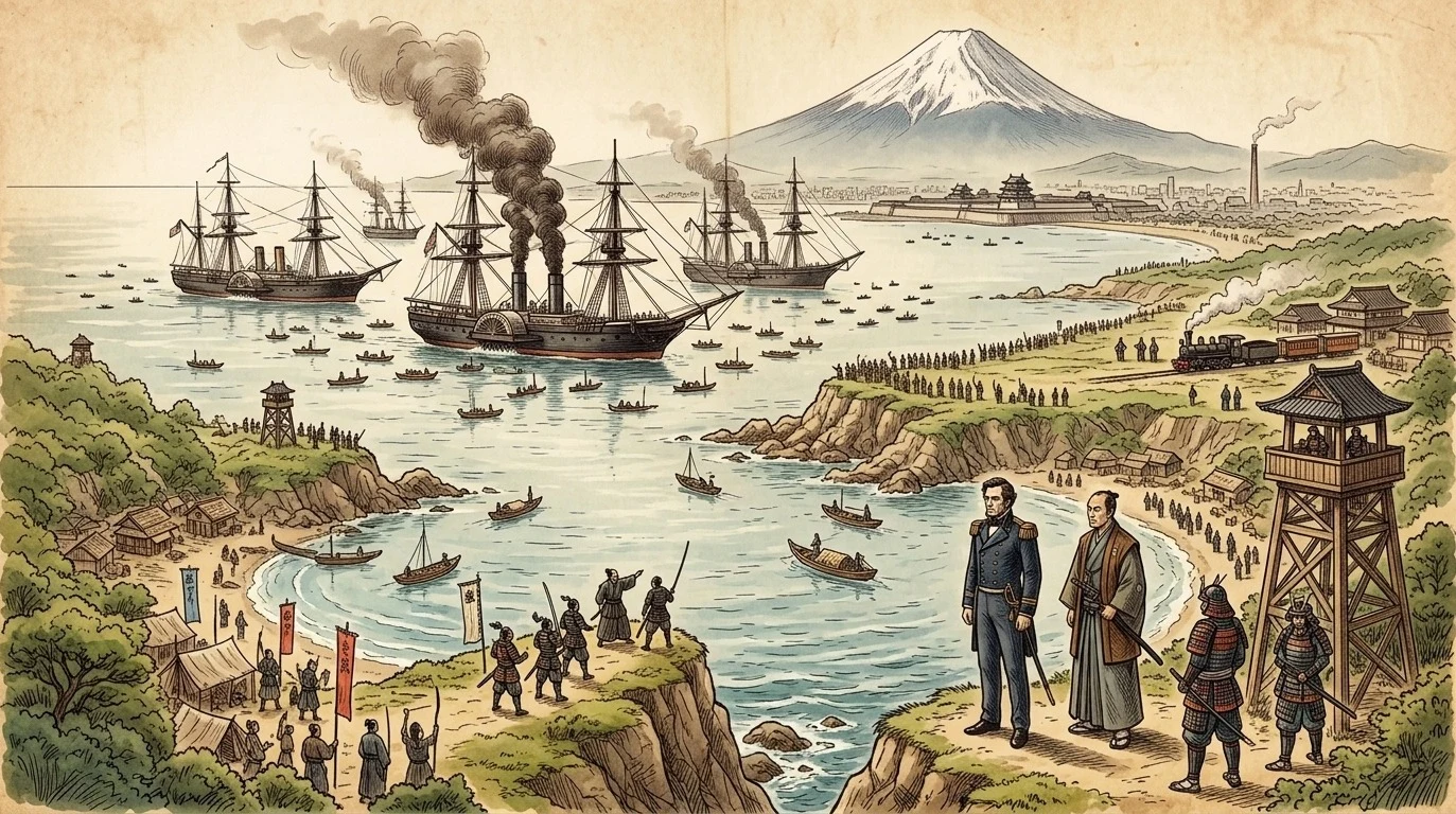 一八五三年七月八日，身穿深色海军制服、不苟言笑的马休·佩里准将，率领他的“黑船”抵达江户湾。这些巨大的军舰仿佛能喷吐烟火。