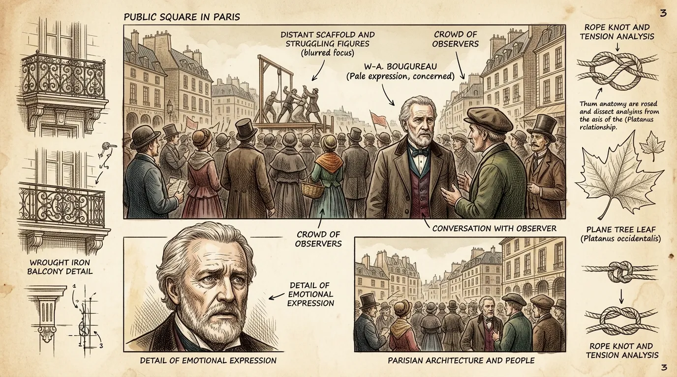 Bouguereau witnesses a public execution in Paris. The raw, visceral display of human suffering deeply affects him, etching itself into his memory.