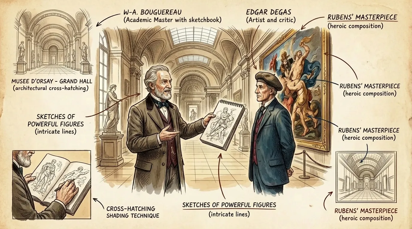Bouguereau visits the Louvre, studying the works of Michelangelo and Rubens. He admires their mastery of the human form and their ability to convey powerful…