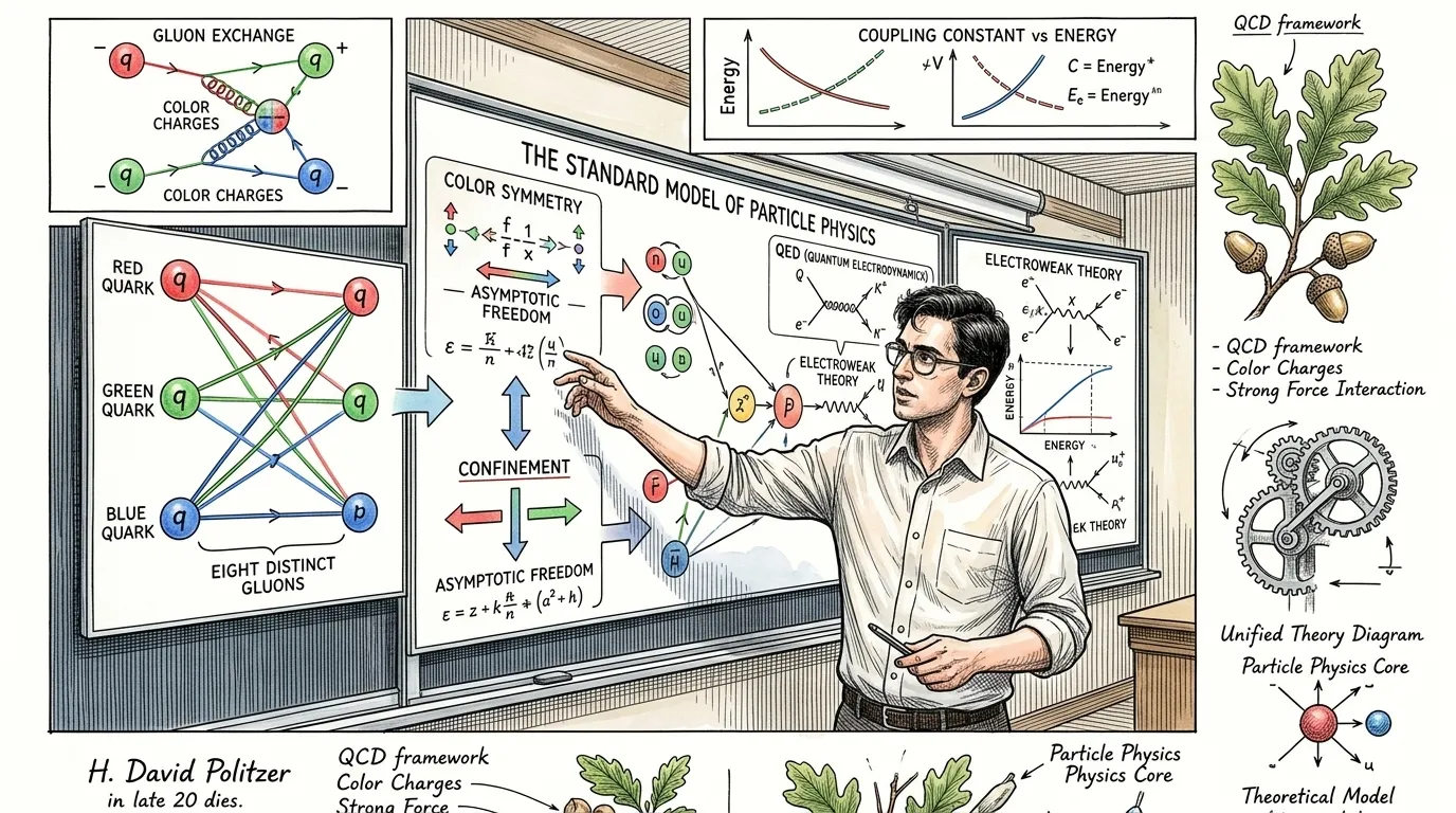渐近自由的发现为强相互作用理论——量子色动力学(QCD)的完整表述铺平了道路。量子色动力学认为,夸克有三种“颜色”(红、绿、蓝——这是一种比喻,并非… 渐近自由的发现为强相互作用理论——量子色动力学(QCD)的完整表述铺平了道路。量子色动力学认为,夸克有三种“颜色”(红、绿、蓝——这是一种比喻,并非…