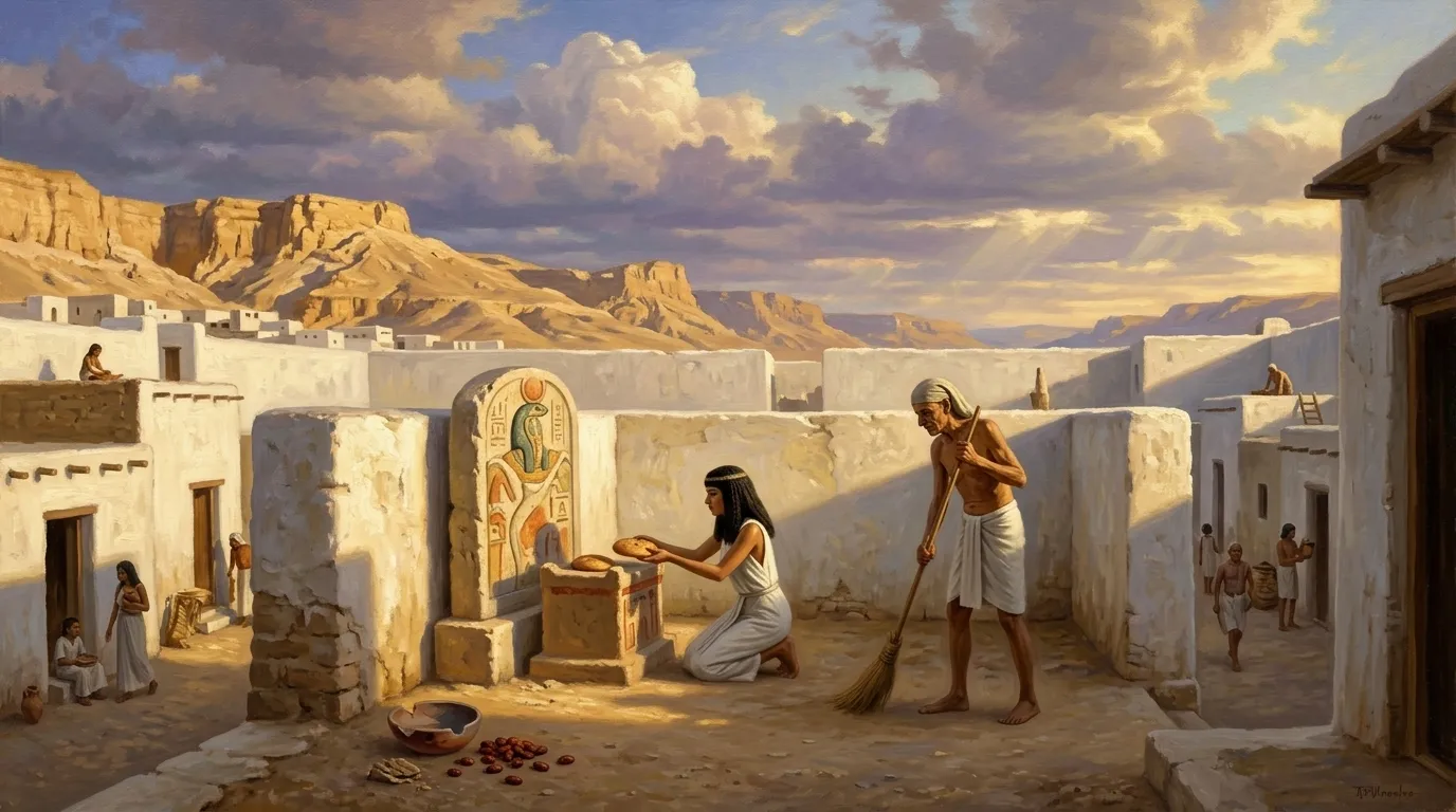 The sun, relentless even in the late afternoon, cast long shadows across the small, public shrine dedicated to Meretseger, 'She Who Loves Silence,' the patron…